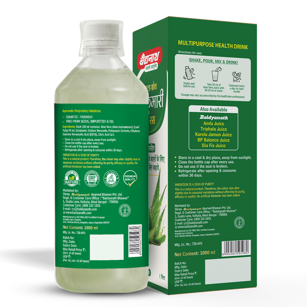 Baidyanath Aloevera Juice For Healthy and Glowing Skin & Hair - 1 Ltr