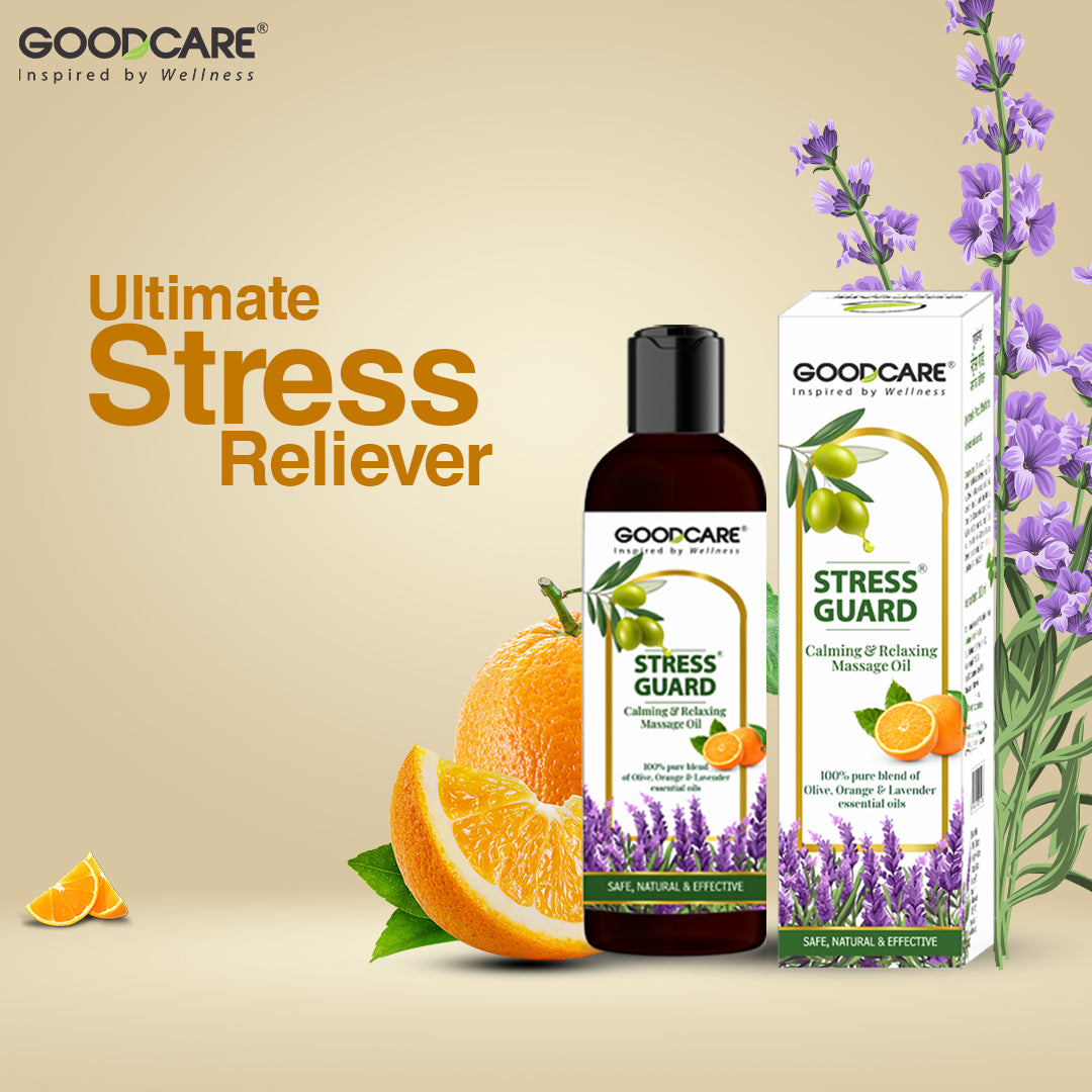 GOODCARE Stress Guard Calming & Relaxing Massage Oil - Blend of 100% pure Essential Oils | Lavendar, Olive, Tulsi & Orange Oil I Refreshes Mind and Rejuvenates Body - 100 ml