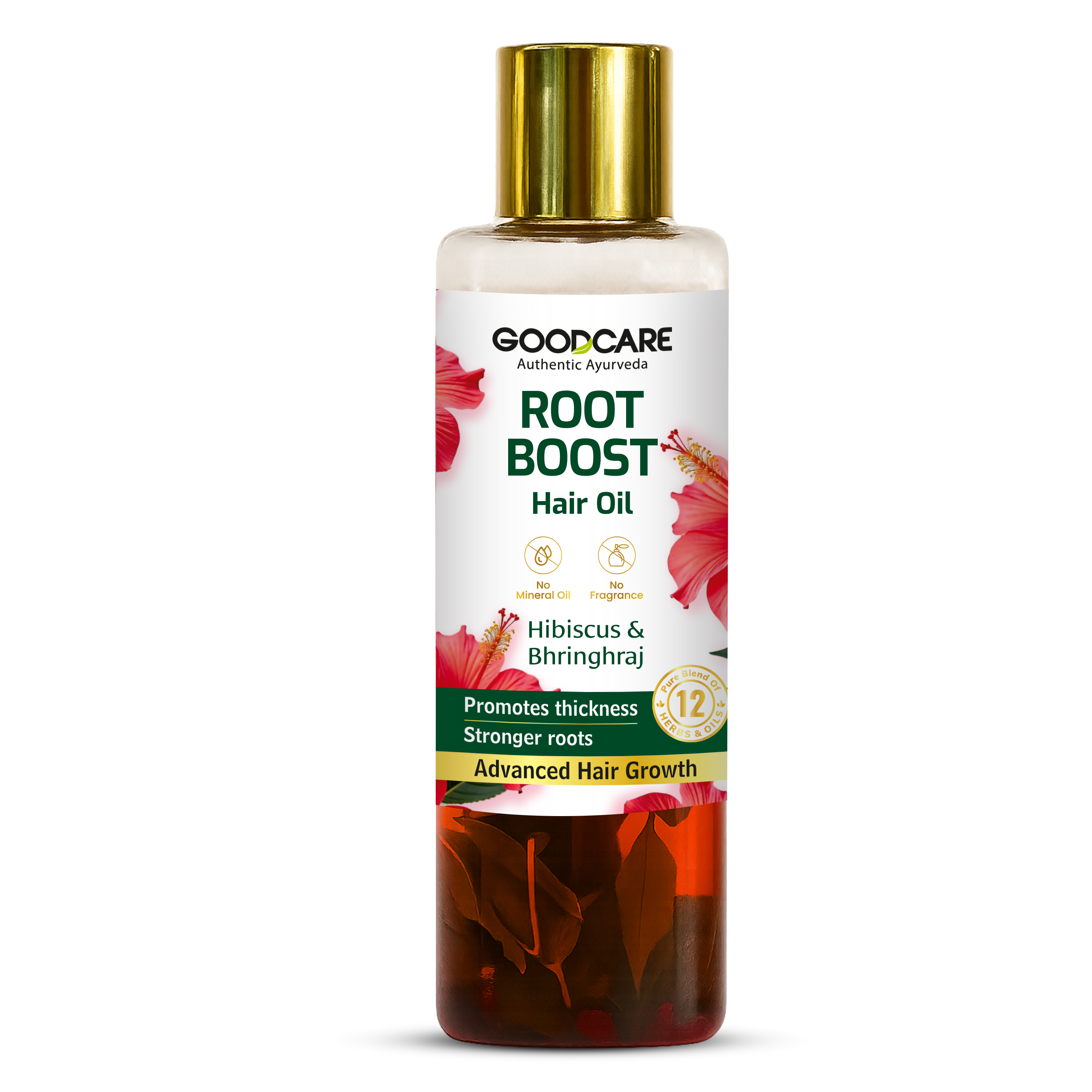 Front view of Goodcare Root Boost Hair Oil 100ml highlighting Ayurvedic blend of 12 herbs, promotes thickness and advanced hair growth.