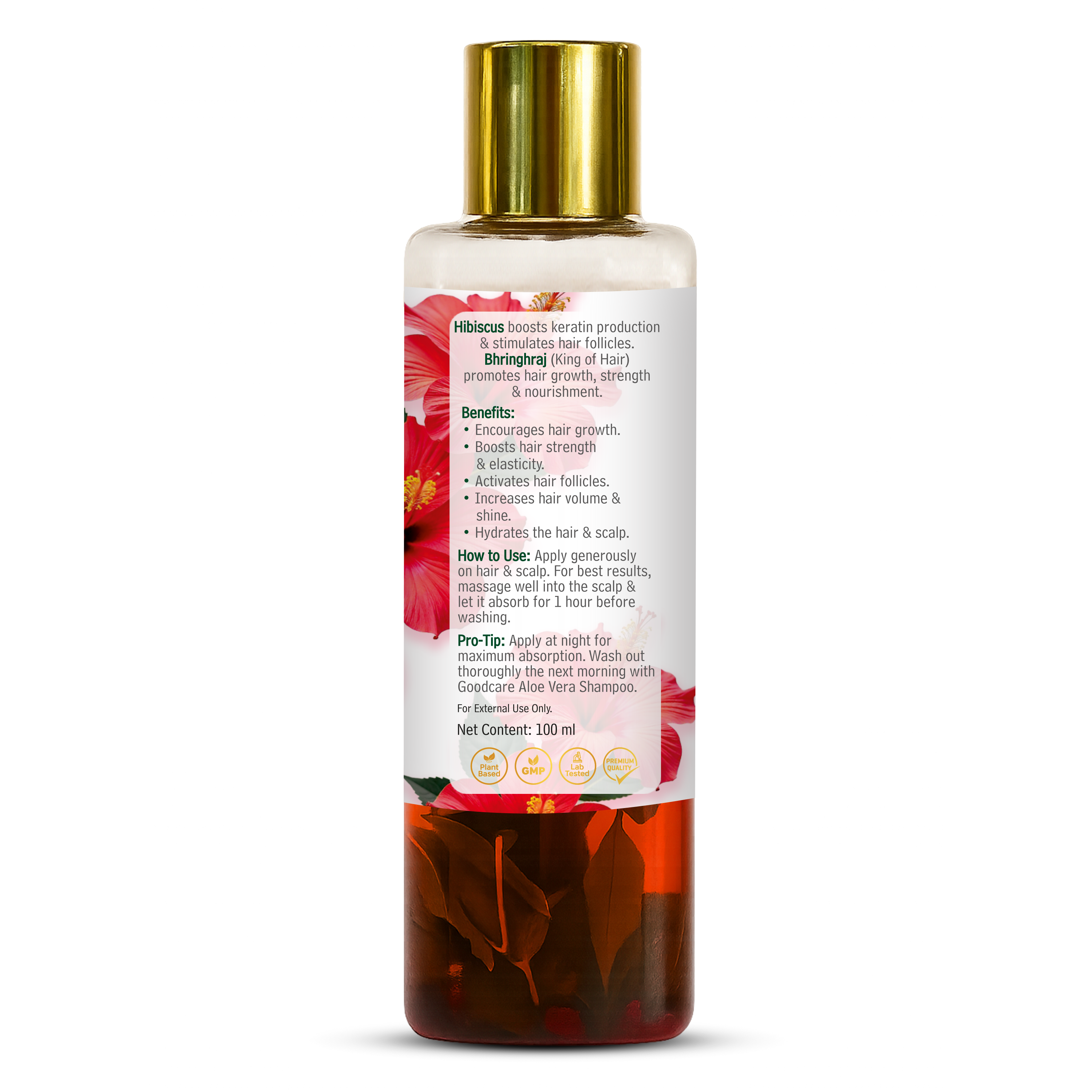 Back label of Goodcare Root Boost Hair Oil showing benefits, usage instructions, and key ingredients like Hibiscus & Bhringraj for scalp nourishment.
