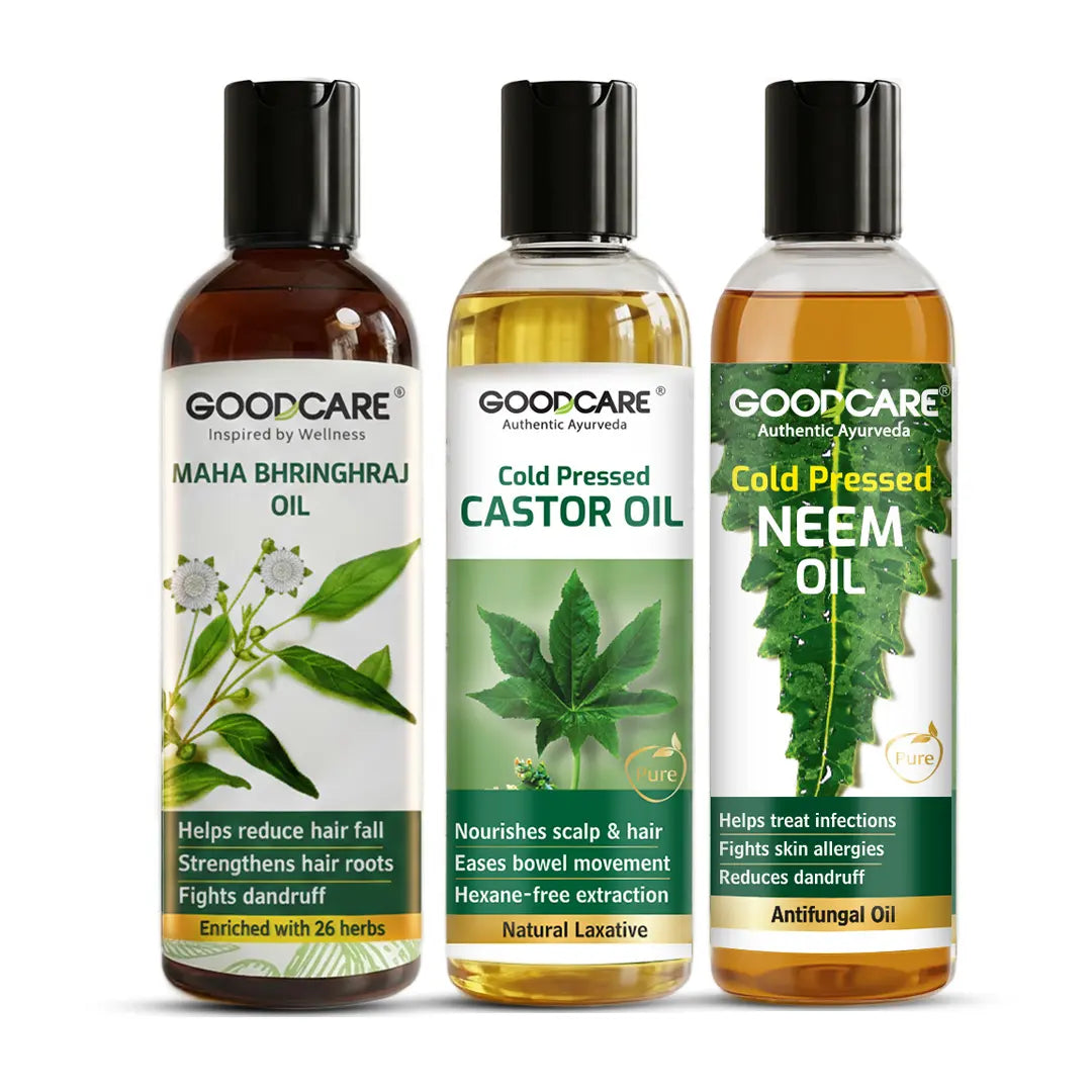 Hair Care Trio Of Mahabhringraj Oil, Castor Oil & Neem Oil