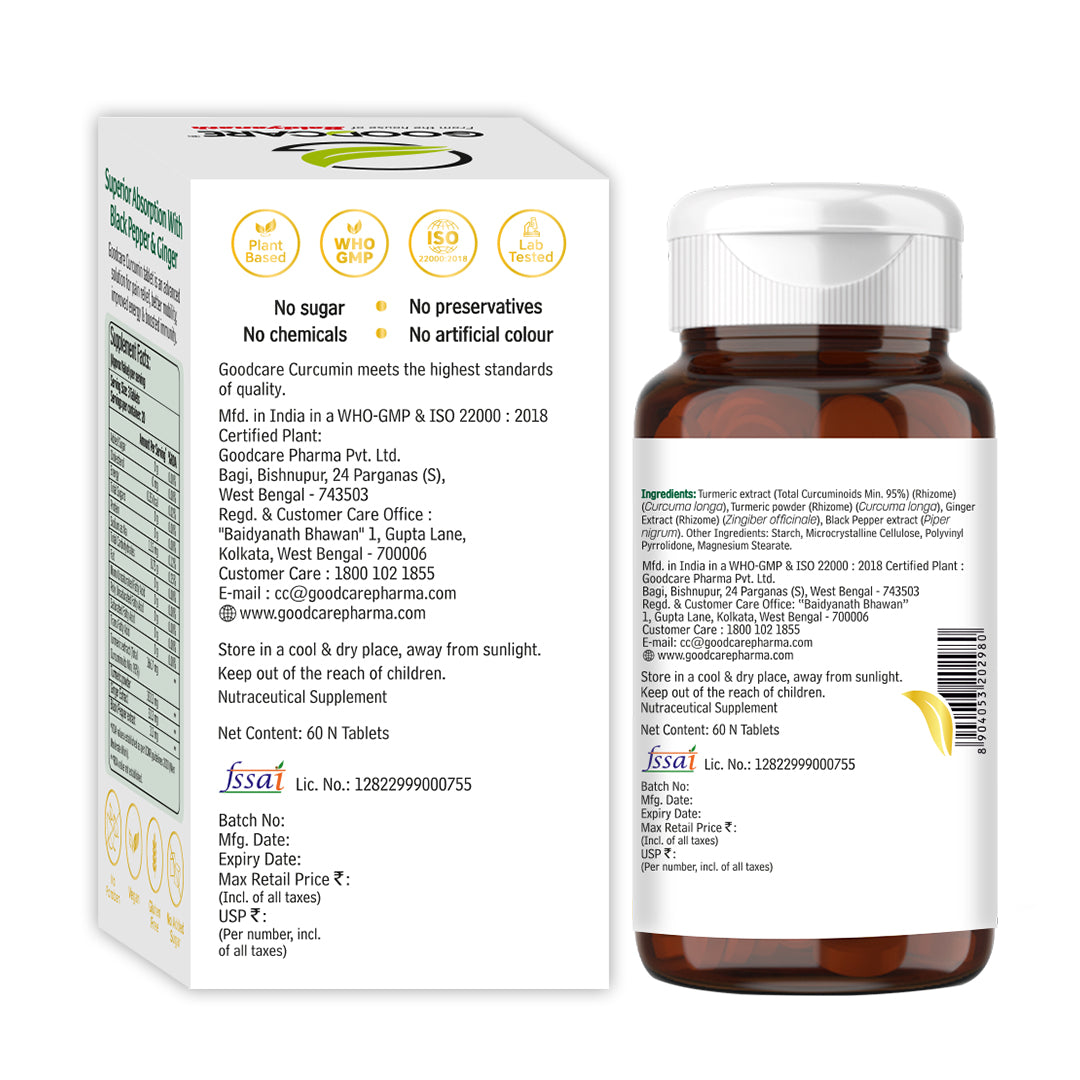 Goodcare Curcumin Tablets 60 Count | 95% Curcuminoids with Black Pepper & Ginger | Joint Comfort, Mobility & Immunity Support
