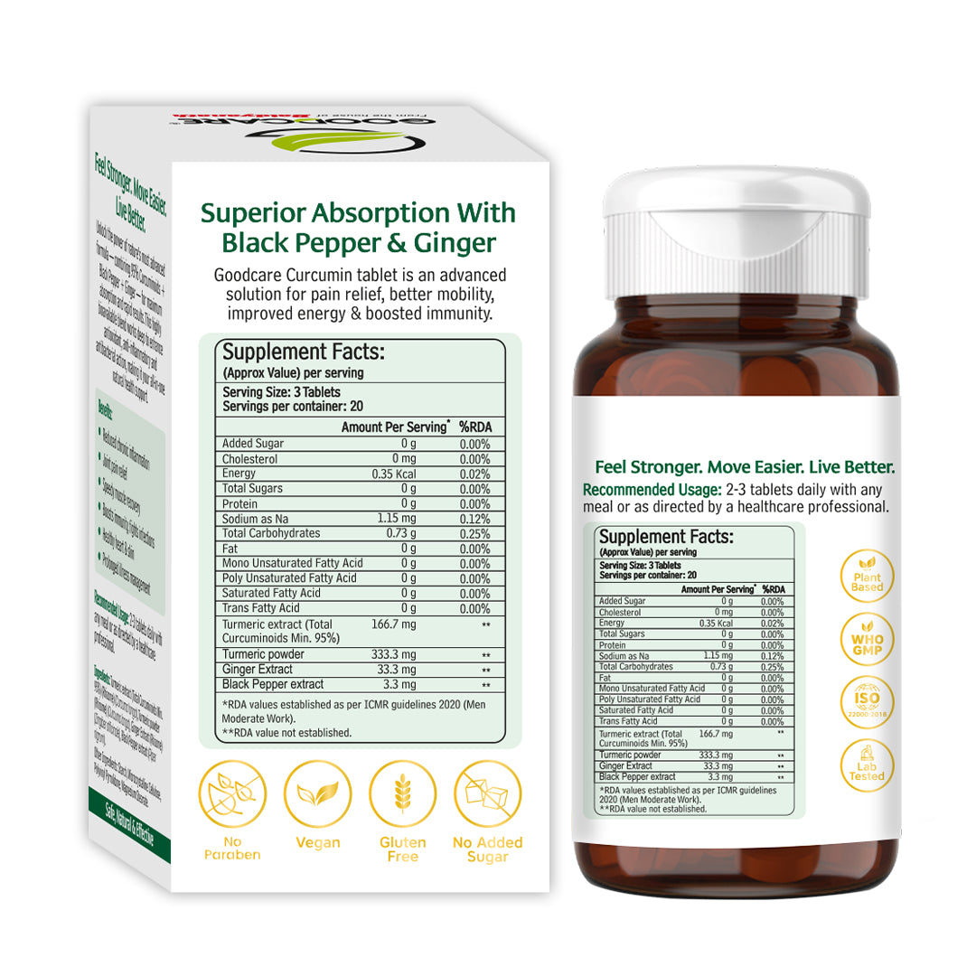 Goodcare Curcumin Tablets 60 Count | 95% Curcuminoids with Black Pepper & Ginger | Joint Comfort, Mobility & Immunity Support