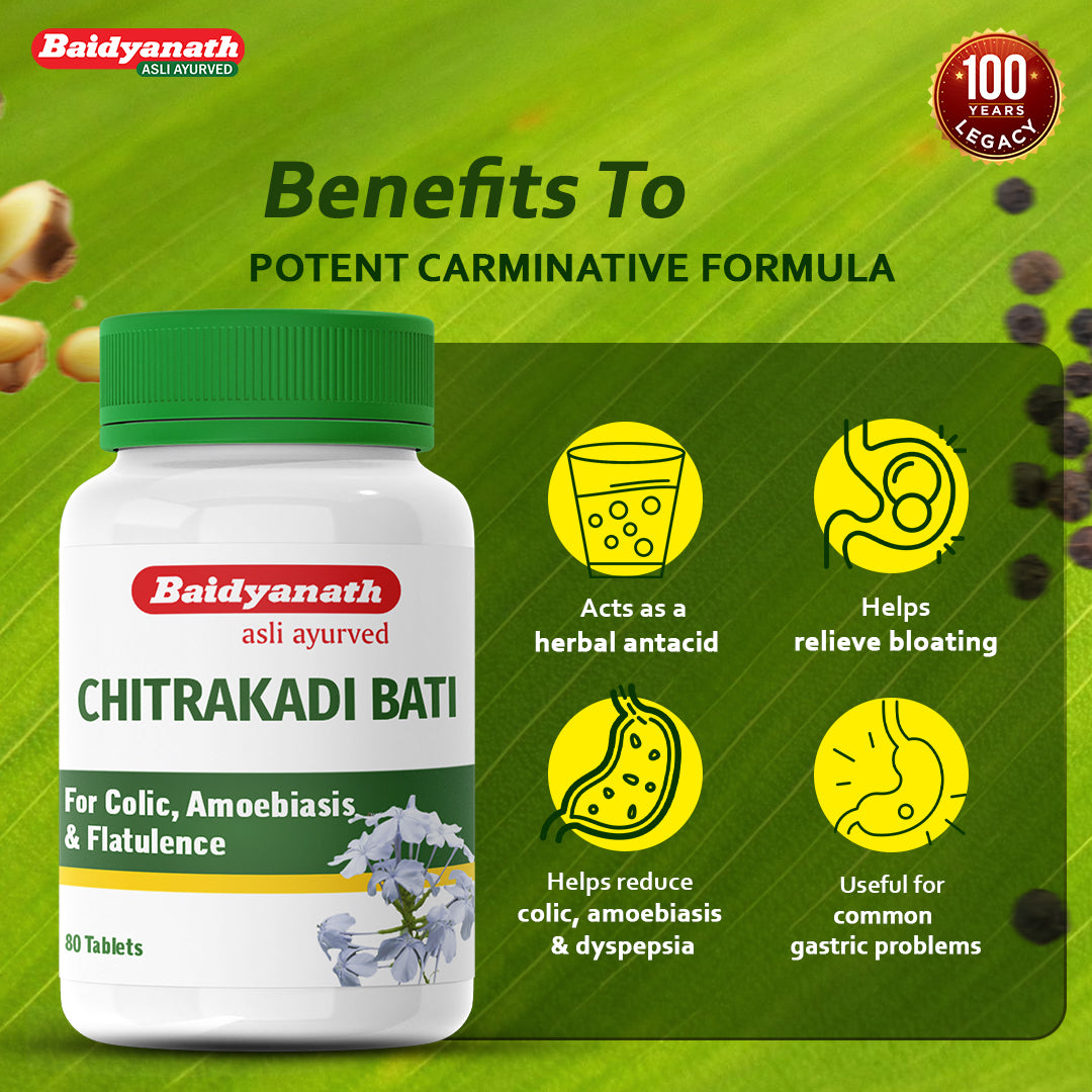 Baidyanath Chitrakadi Bati – Ayurvedic Digestive Tonic Helps Relieve Gas, Acidity & Indigestion - 80 Tablets