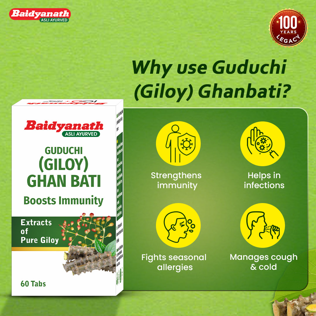 Baidyanath Guduchi Ghan Bati – Ayurvedic Immunity Booster Supports Respiratory & Liver Health 250 mg – 60 Tablets