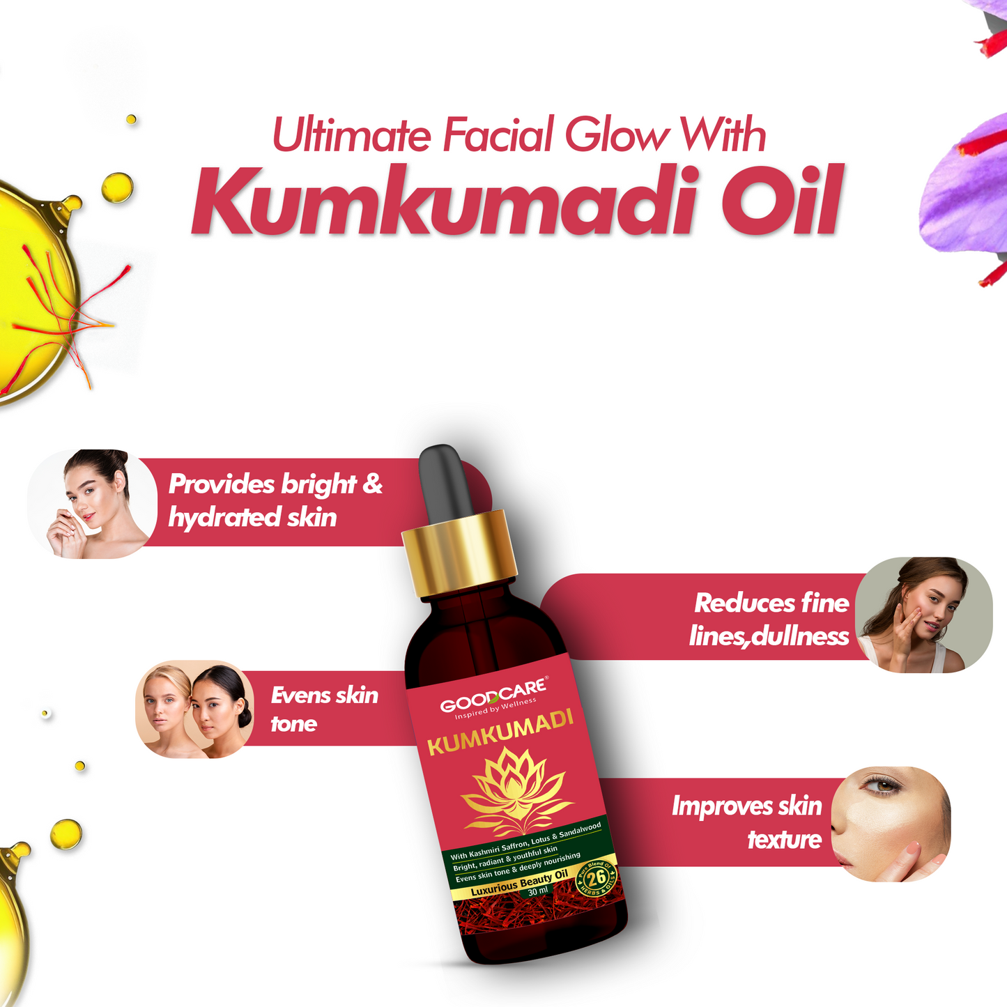 GOODCARE Kumkumadi Oil | Enriched with Saffron and Sandalwood  Chemical Free| For men and women-30ml