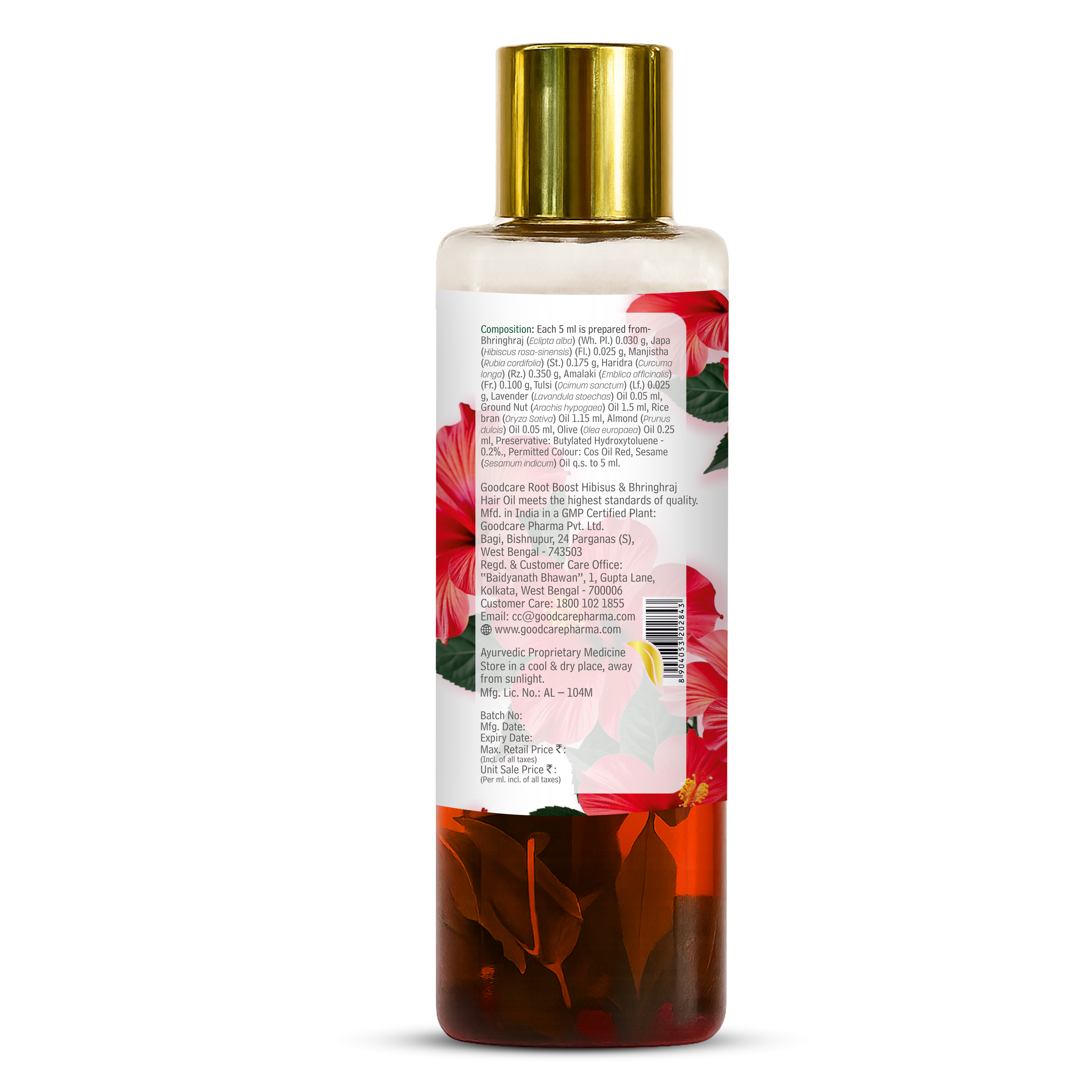 Back side of Goodcare Root Boost Hair Oil bottle displaying full ingredient list, manufacturer details, and product information for 100ml herbal oil.