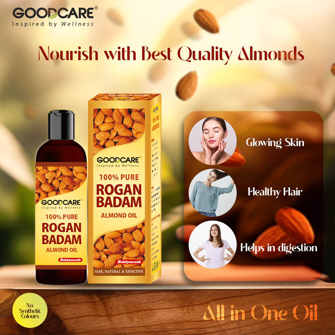GOODCARE 100% Pure & Natural Premium Sweet Almond Oil (Rogan Badam) for Body, Skin & Hair | Helps to nourish skin, hair & body - 200 ml