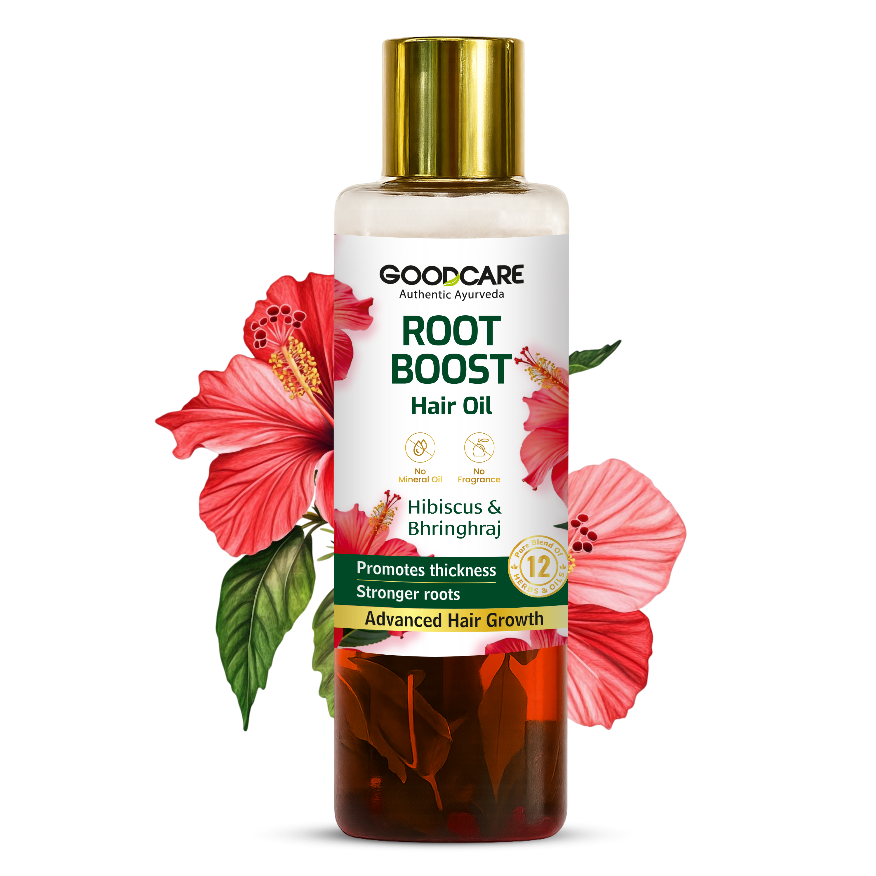 Goodcare Root Boost Hair Oil 100ml with Hibiscus & Bhringraj for stronger roots and healthy hair growth, herbal oil with visible herbs inside bottle.