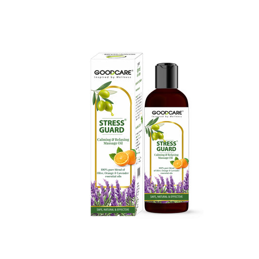 GOODCARE Stress Guard Calming & Relaxing Massage Oil - Blend of 100% pure Essential Oils | Lavendar, Olive, Tulsi & Orange Oil I Refreshes Mind and Rejuvenates Body - 100 ml